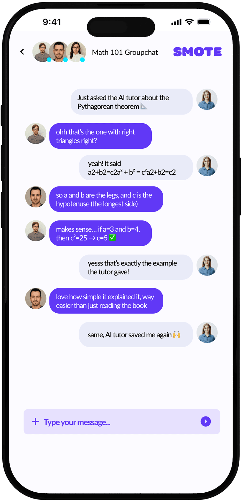 Smote chat interface showing group discussions with classmates and AI tutor support
