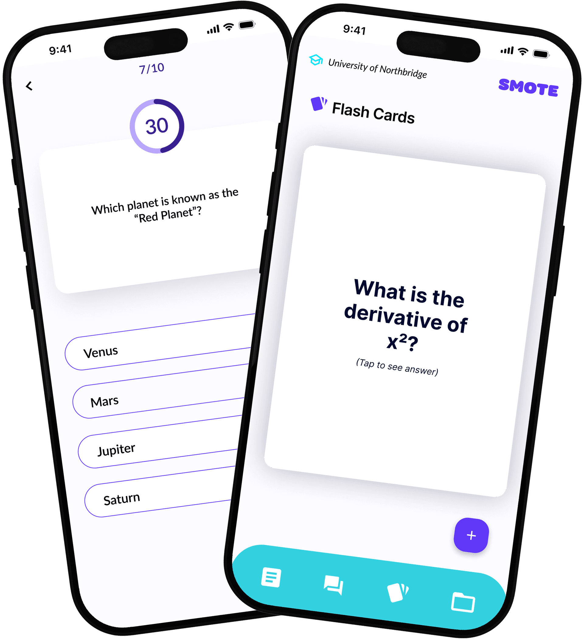 Smote quiz and flashcards interface showing interactive quizzes and study flashcards